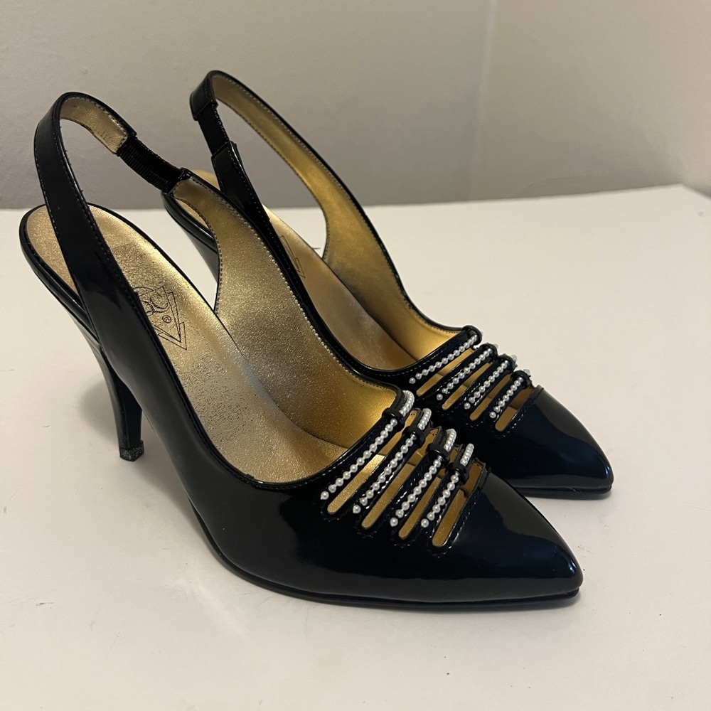 Vintage QC Black Patent Leather Slingback Heels | Size 6.5 | 3” Heel with Beads